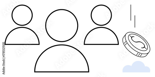 Three user figures and a falling coin suggest financial collaboration and group effort. Ideal for teamwork, fundraising, decision-making, leadership, resource sharing, financial planning, simple flat