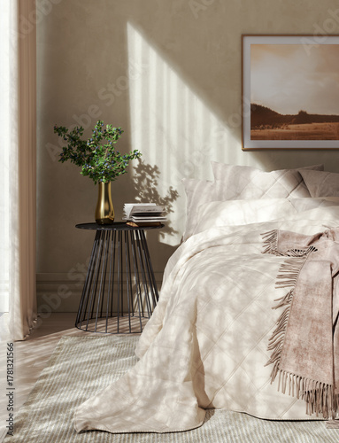 Large luxury modern bright bed room interiors 3D rendering illustration image