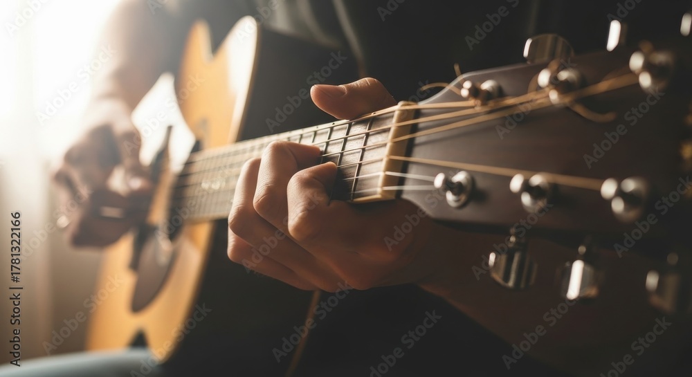 Fototapeta premium Close-up of a musicians hand fretting chords on the neck of a wooden acoustic guitar, backlit by a soft window light.