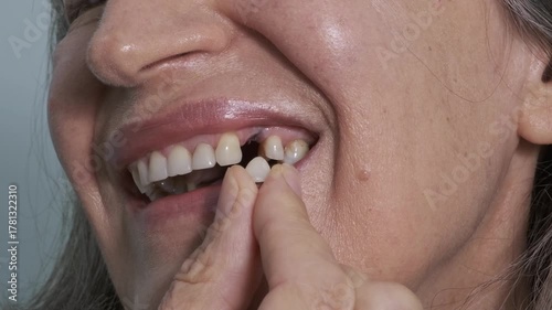 Loss of a dental implant. A woman's mouth with a missing dental crown that broke off from the implant. Metal remains are visible. Concept of the reliability and longevity of implants.
