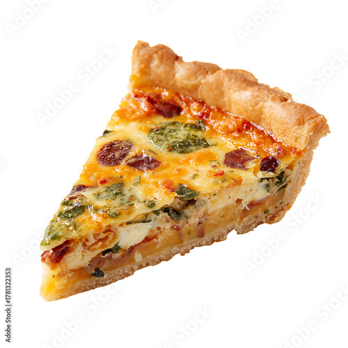 Delicious Slice of Quiche With Fresh Vegetables and Cheese on a Plate