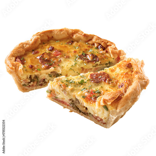 Delicious Slice of Quiche With Fresh Vegetables and Cheese on a Plate.