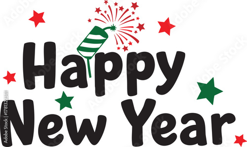 Happy new year text with fireworks and stars