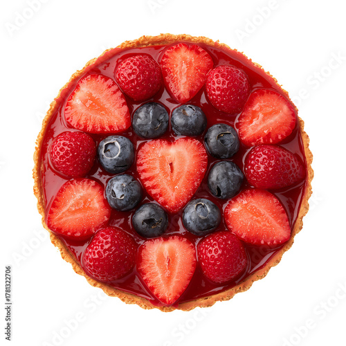 Fresh Fruit Tart Topped With Strawberries and Blueberries on a Round Crust De...