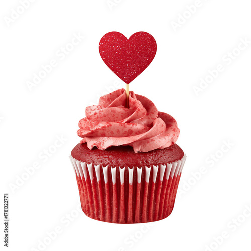 Delicious Red Velvet Cupcake With Cream Frosting and Heart Decoration on Top.