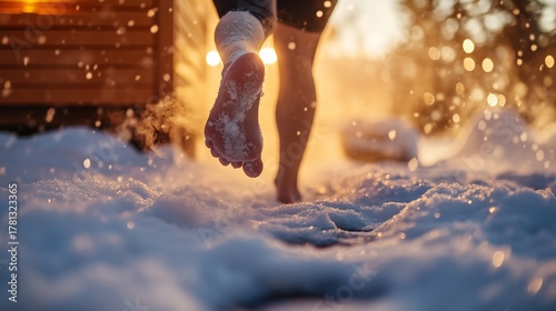 Running barefoot in the snow from the sauna to the ice hole. Steam from the body, snow splashes, warm light from the door, footprints on the trail, low point of shooting.