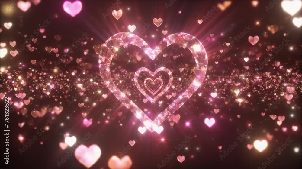 Sparkling pink heart shapes and glitter particles floating in a dark background abstract celebration