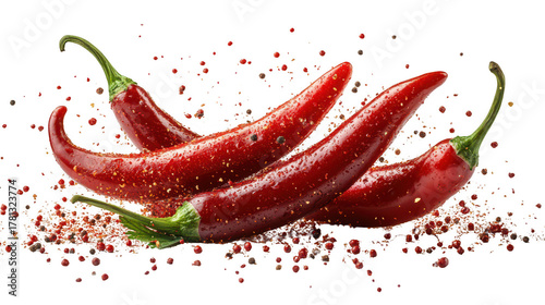 Flying falling red chili peppers isolated on transparent or white background