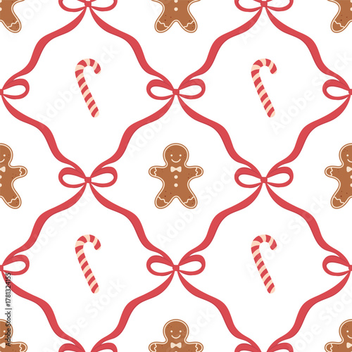 Seamless repeating pattern with candy cane, red bows, and cute gingerbread men.