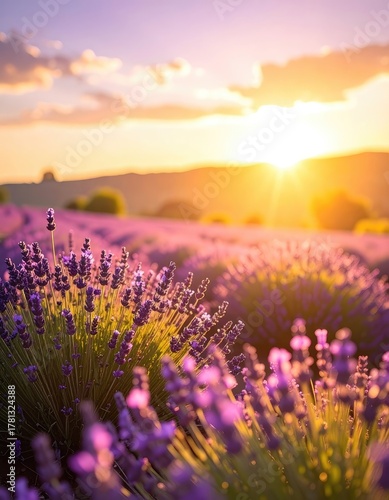 A vibrant lavender field glowing in the warm, golden light of a beautiful sunset