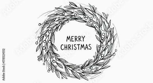 Hand drawn black and white sketch of a merry christmas wreath with berries and leaves on a white background