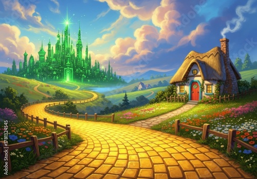 Yellow brick road leads to emerald city and cozy cottage in oz