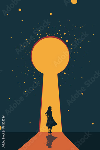 Silhouette of a girl standing before a glowing keyhole doorway, symbolizing curiosity, imagination, and discovery. Conceptual surreal illustration of opportunity and dreams.
