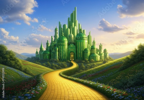 Emerald city in the land of oz with a yellow brick road