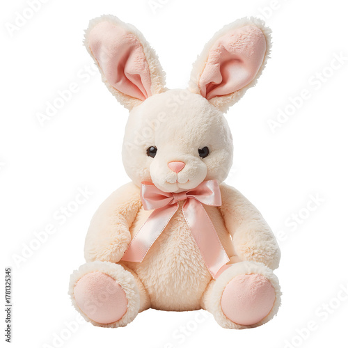 Soft Bunny Toy With Pink Accents and a Bow Sitting on a Light Surface, Perfec...