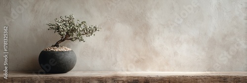 Small black vase with a plant in it sits on a wooden shelf