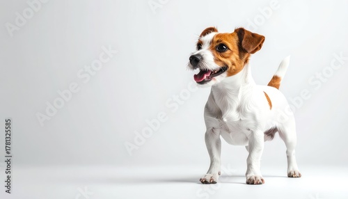A small, happy white and brown terrier dog standing on a plain white background