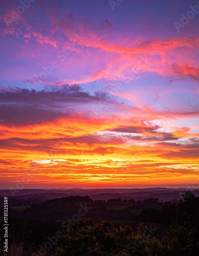 Vibrant sunset sky with fiery clouds over a rolling, silhouetted landscape