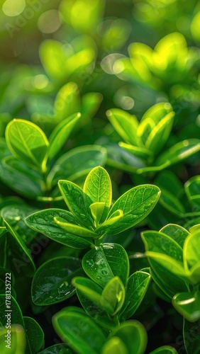 Sun-kissed lush green leaves on a bush with a soft-focus background glow