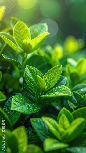 Lush green leaves sparkle with water drops in a sunlit, out-of-focus garden