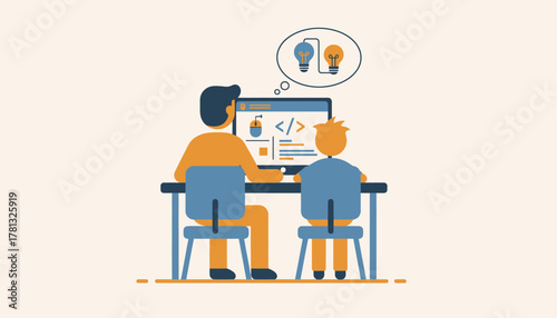 An illustration of a parent and child attending an online workshop together learning about coding emphasizing shared digital learning experiences.