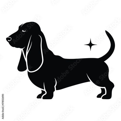 Elegant black basset hound silhouette with a playful star graphic