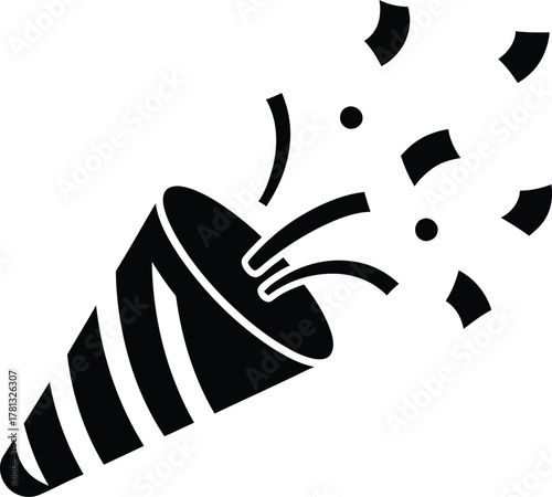 Black and white illustration of a party popper exploding with confetti