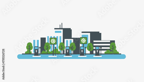 A corporate campus featuring numerous charging stations with dedicated signage for employees emphasizing the companys commitment to sustainability.