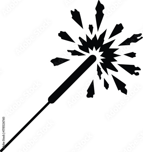 Black silhouette of a sparkler ignited with bright sparks flying outward