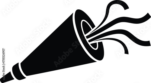 Black silhouette of a party popper exploding with streamers