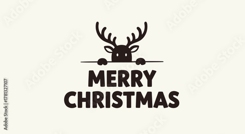 Cute cartoon reindeer peeking over a line with merry christmas text below