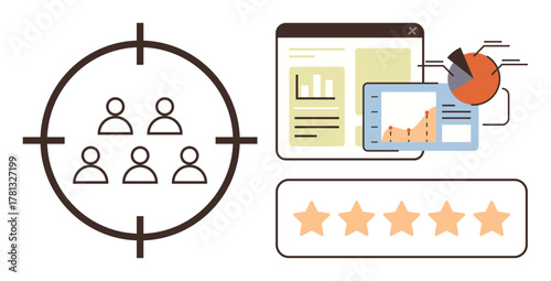 Group in targeting scope, analytics dashboard with charts, five-star rating. Ideal for audience research, marketing strategy, data analysis, performance tracking, customer feedback, business growth
