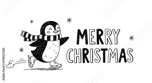 Cute hand drawn penguin wearing a scarf ice skating with merry christmas text and snowflakes