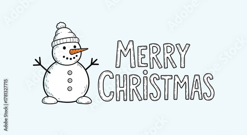 Cute hand drawn snowman wearing a hat next to merry christmas text on a light blue background