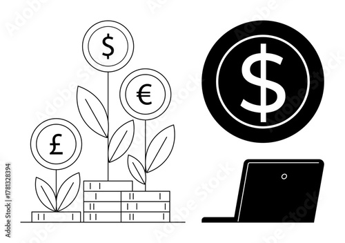 Coins and currency symbols growing on plants symbolize financial growth. Nearby laptop hints at digital transactions and investment strategies. Ideal for business, economy, technology, investment