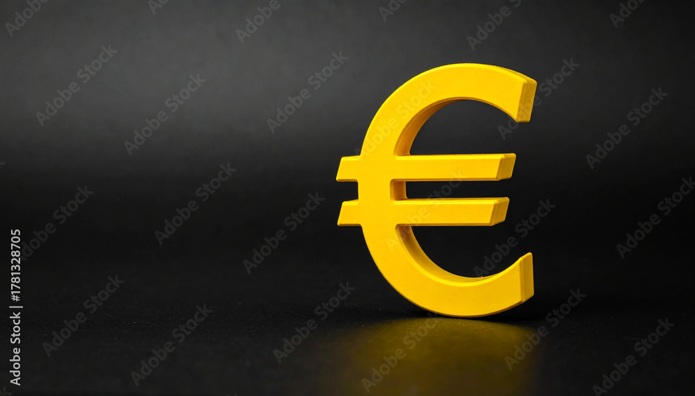 Obraz premium Bright yellow euro sign on smooth black background, clean minimalist composition, financial