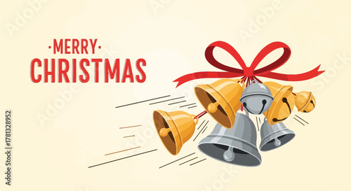 Festive merry christmas greeting with a cluster of golden and silver bells tied with a red ribbon