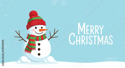 Cute snowman wearing a red and green striped hat and scarf with merry christmas text