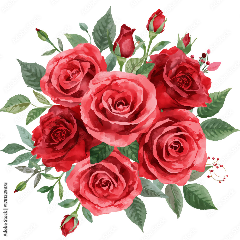 Fototapeta premium Beautiful Bouquet of Red Roses Arranged With Green Leaves for Decoration.