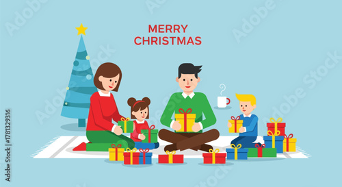 Happy family celebrating christmas morning opening presents around a decorated tree with merry christmas text