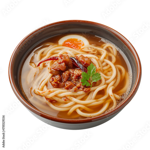 Delicious Bowl of Noodles Topped With Meat and Egg in Savory Broth Ready to B...
