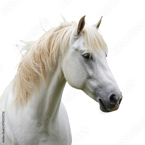 Majestic White Horse With Flowing Mane Captured in Soft Light on a Bright Day.