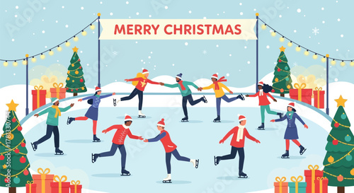 Diverse group of people ice skating together on a snowy day with christmas trees and gifts