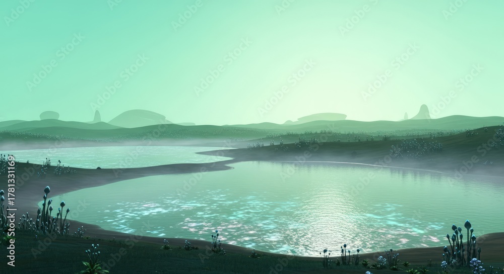 Fototapeta premium Alien Planet Landscape with Misty Lakes and Strange Flora.