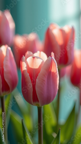 Close up of blooming tulips in pink and turquoise hues, natural morning light, soft elegant floral detail