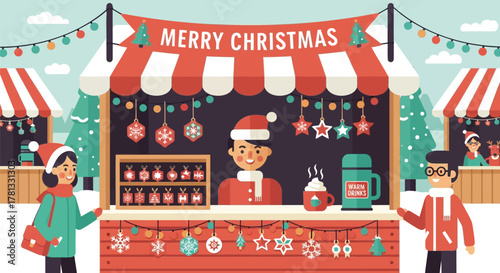 Happy people enjoying a festive christmas market with warm drinks and holiday decorations