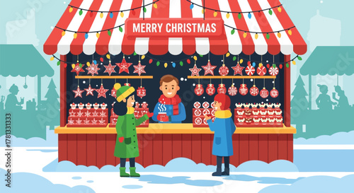 People buying christmas ornaments and treats at a festive outdoor market stall during winter holidays