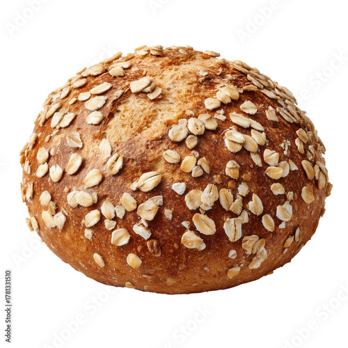 Freshly Baked Round Bread Topped With Oats on a Simple Surface.