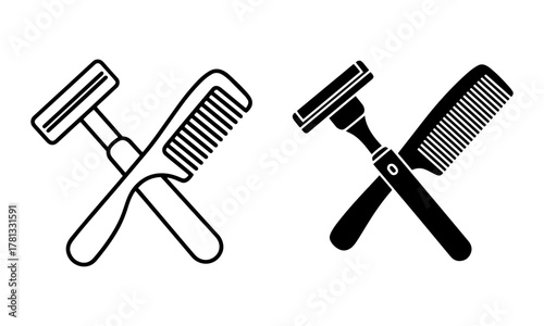 Saloon Beard Comb and Razor Icons. Men's Grooming Tools Vector.