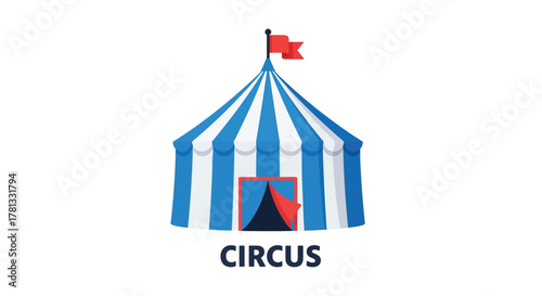 Colorful circus tent with a flag and bold text a striking silhouette